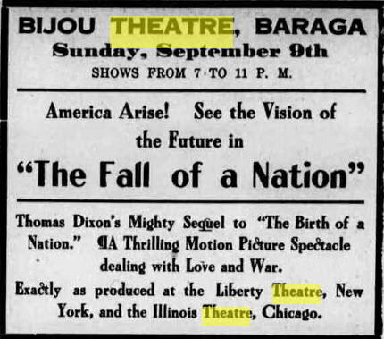 Baraga Theater - Aug 25 1917 Ad For Bijou - Could Be Same Theater (newer photo)